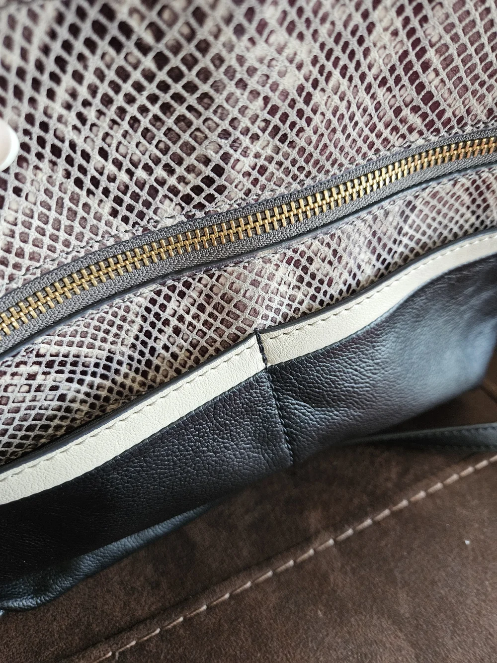 Fossil Black & Taupe Snake-Print Leather Crossbody Bag